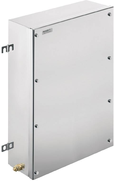 Metallischer Schaltschrank mit Schrauben an den Kanten, geeignet für mechanische und elektrische Anwendungen, mit seitlichem Anschluss.