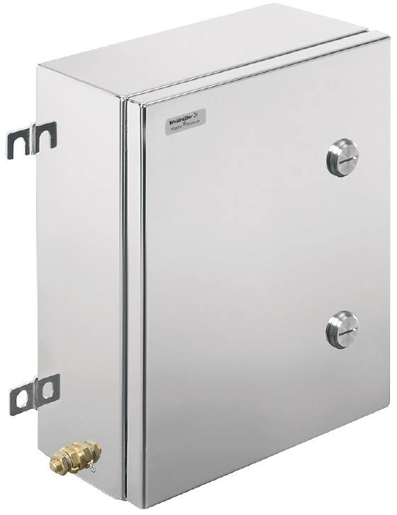 Ein rechteckiger, silberner Metallkasten mit zwei Knöpfen und einem Anschluss an der Unterseite, montierbar an der Wand.