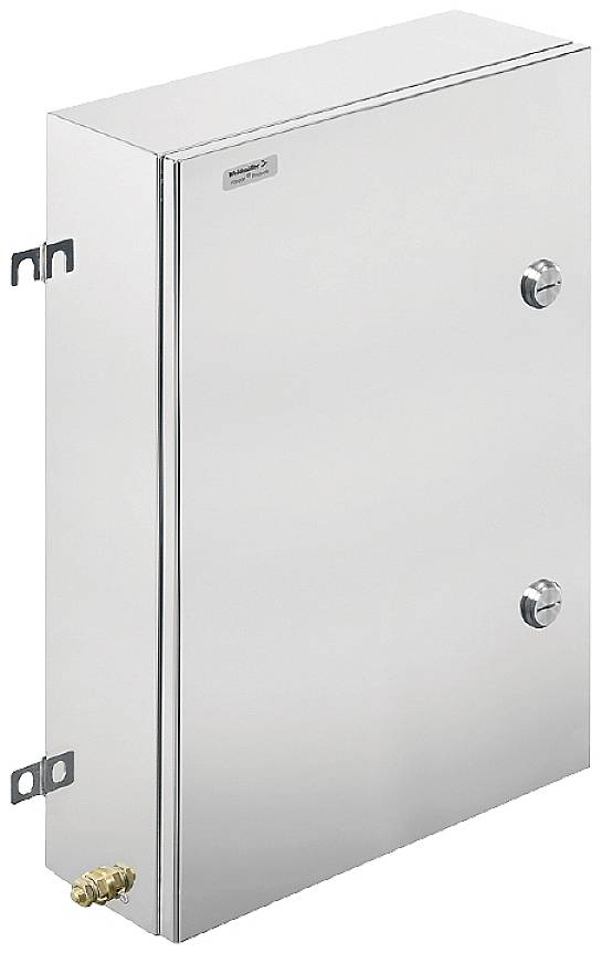 Edelstahl-Schaltschrank mit zwei Drehverschlüssen und Befestigungsösen. Geeignet für industrielle Anwendungen.