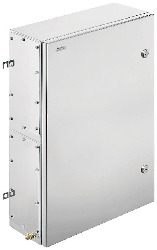 Metallischer, rechteckiger Schaltkasten mit Schraubenbefestigungen und zwei sichtbaren Verschlüssen.