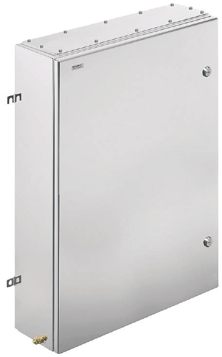 Elektrischer Schaltschrank aus Edelstahl mit glatter Vorderseite und sichtbaren Schrauben in einer neutralen Umgebung.