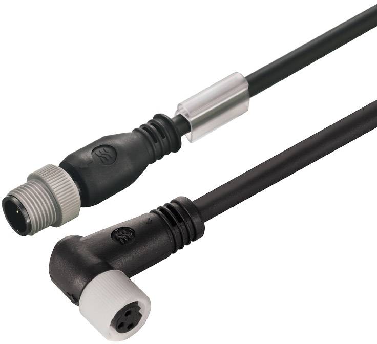 Zwei schwarze, rechtwinklige Stecker mit Schraubgewinde und geraden Köpfen, verbunden durch schwarze Kabel.