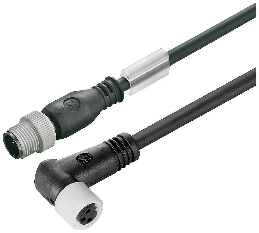 M8 Steckverbinder mit rechtwinkligem und geradem Kabel, jeweils in schwarzer Ausführung mit grauen Verschraubungen.
