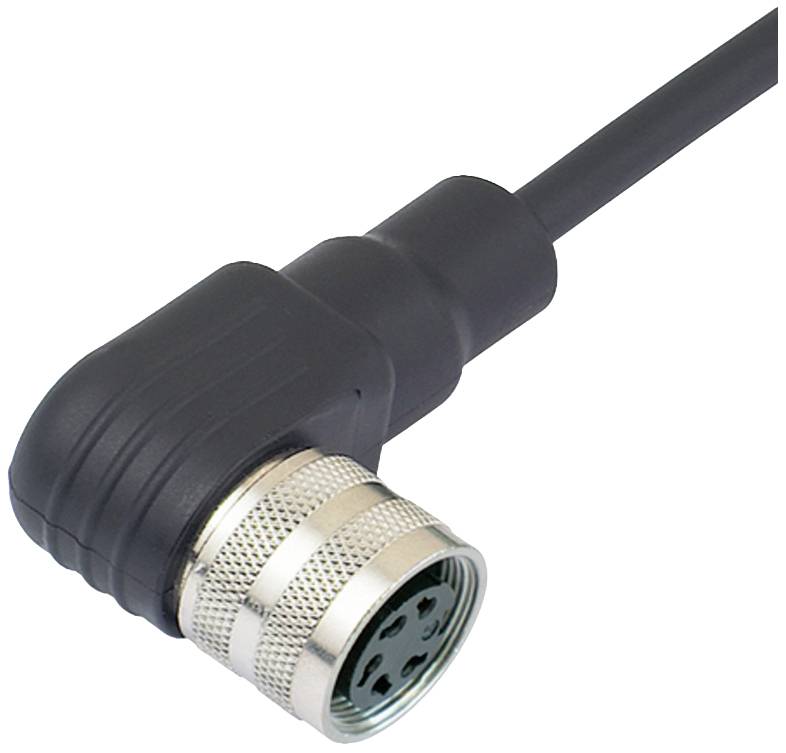 Ein schwarzer Kabelstecker mit einem silbernen Metallanschluss in einem 90-Grad-Winkel. Geeignet für industrielle Anwendungen.