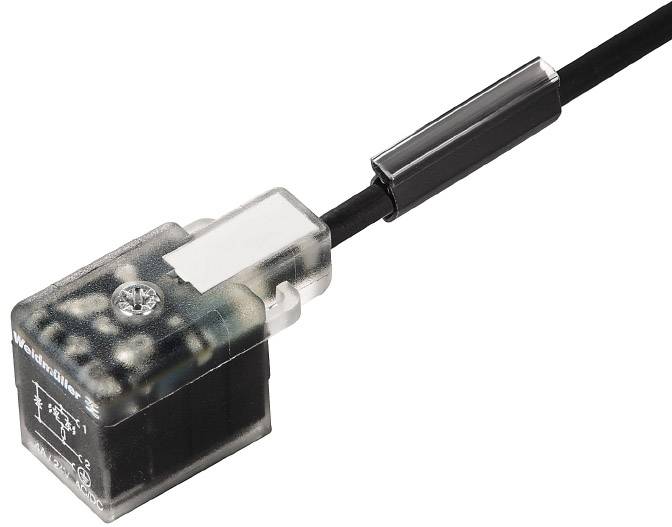 Kabel mit durchsichtigem Stecker und schwarzer Ummantelung. Der Stecker zeigt interne Schaltkreise und ist mit einer Leuchtdiode ausgestattet.