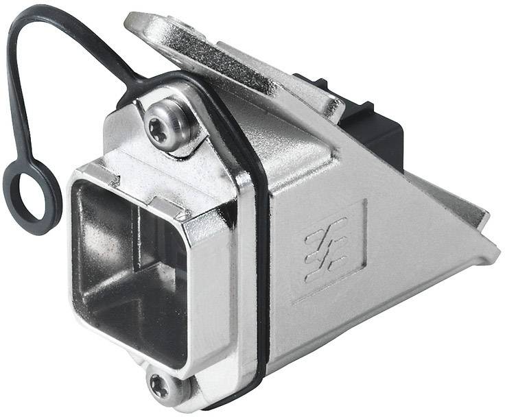Silberne Metallbuchse mit schwarzem Kabel, Ecke oben und seitlich mit Schrauben befestigt. Verwendet für robuste elektrische Anschlüsse.