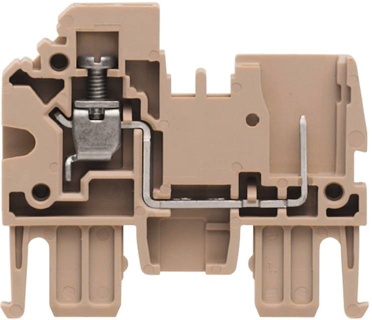 Ein Schnittmodell eines elektrischen Klemmenblocks, das die interne Metallstruktur und die Schraubverbindung zeigt.
