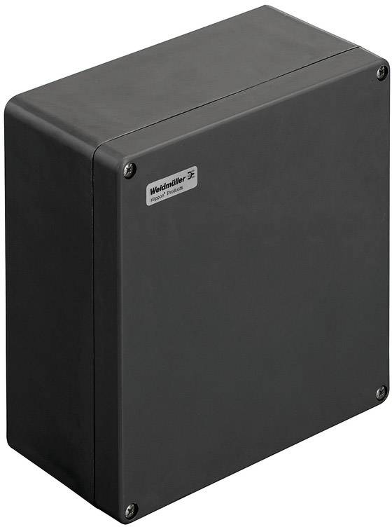 Eine schwarze, rechteckige Kunststoffbox mit Schrauben in den Ecken und einem Etikett oben links. Sie wird für elektrische Installationen verwendet.