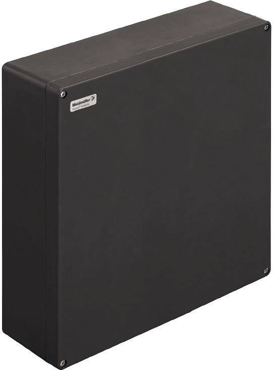 Ein schwarzes, rechteckiges Kunststoffgehäuse mit abgerundeten Ecken. Oben links ist ein kleines Metalletikett angebracht.