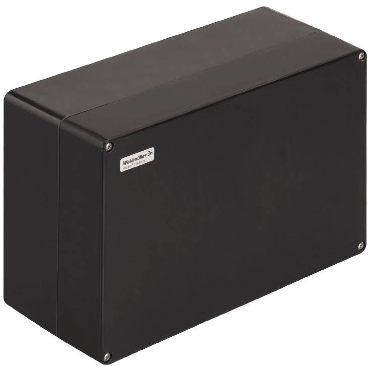 Schwarzes rechteckiges Gehäuse mit einem kleinen Etikett von 'Weidmüller' auf der Vorderseite.