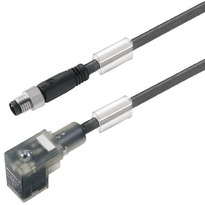 Ein schwarzes Verbindungskabel mit Metallstecker und rechteckigem Kunststoffgehäuse, möglicherweise für industrielle Anwendungen.