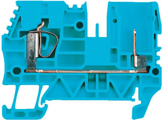 Blaues elektrisches Klemmengehäuse mit Metallkontakten, vermutlich für industrielle Anwendungen oder Elektroinstallationen.