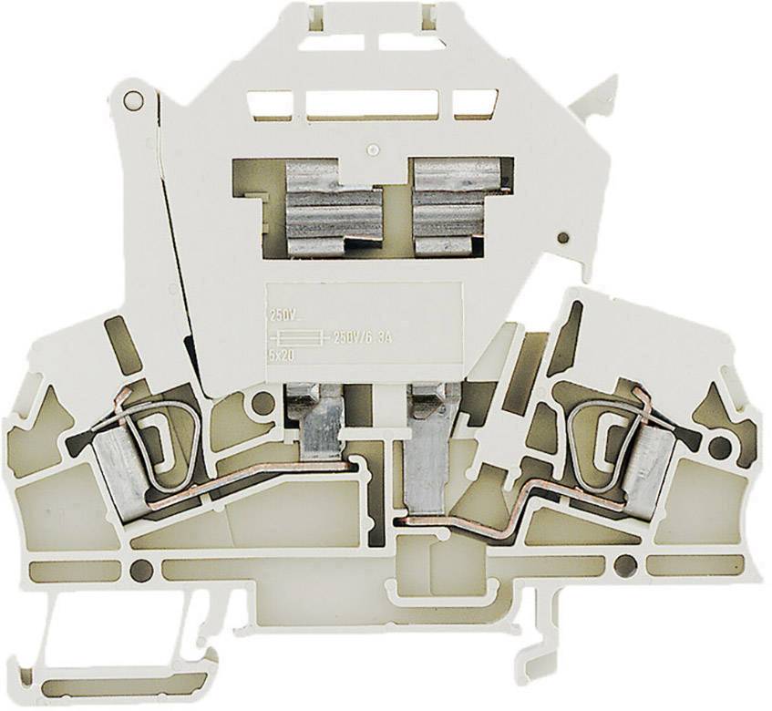 Ein weiße elektrische Klemmleiste mit mehreren Ebenen und metallischen Kontakten, zur Verbindung und Verteilung elektrischer Leitungen.