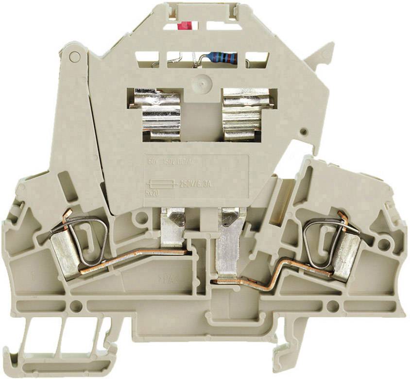 Klemmenblock in Seitenansicht, zeigt interne Verkabelung und Anschlüsse. Ein Widerstand ist oben sichtbar. Beige Gehäuse.