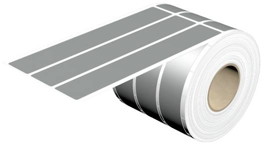 Rolle mit grauen selbstklebenden Etiketten auf weißem Trägerpapier, teilweise abgerollt.
