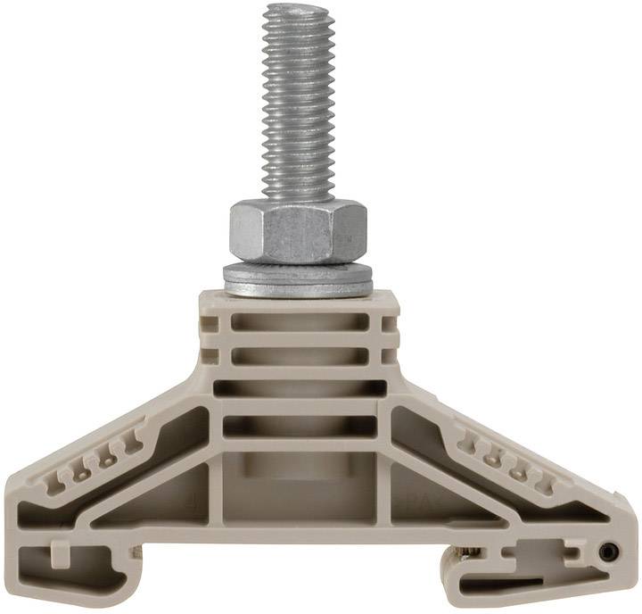 Ein Kunststoffbodenträger mit einer zentralen Metallschraube steht auf einer Fläche.