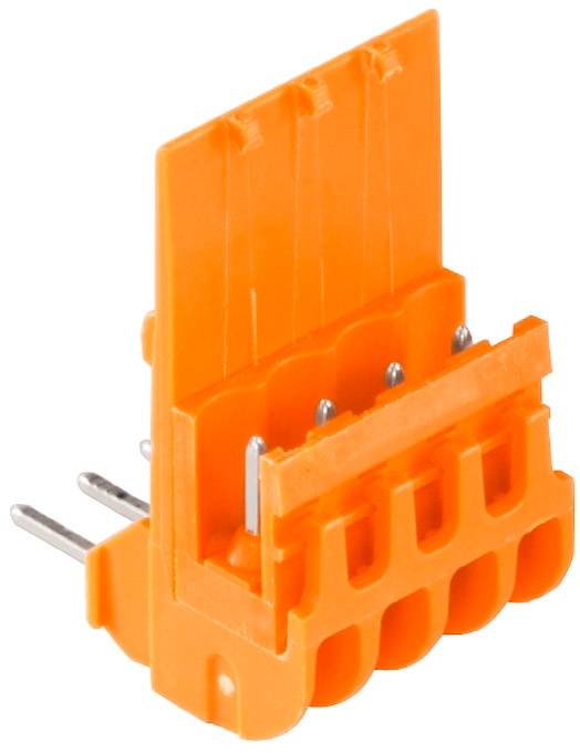 Orange Steckverbindergehäuse mit vier Steckplätzen und drei Metallstiften auf der Rückseite, geeignet für elektronische Verbindungen.