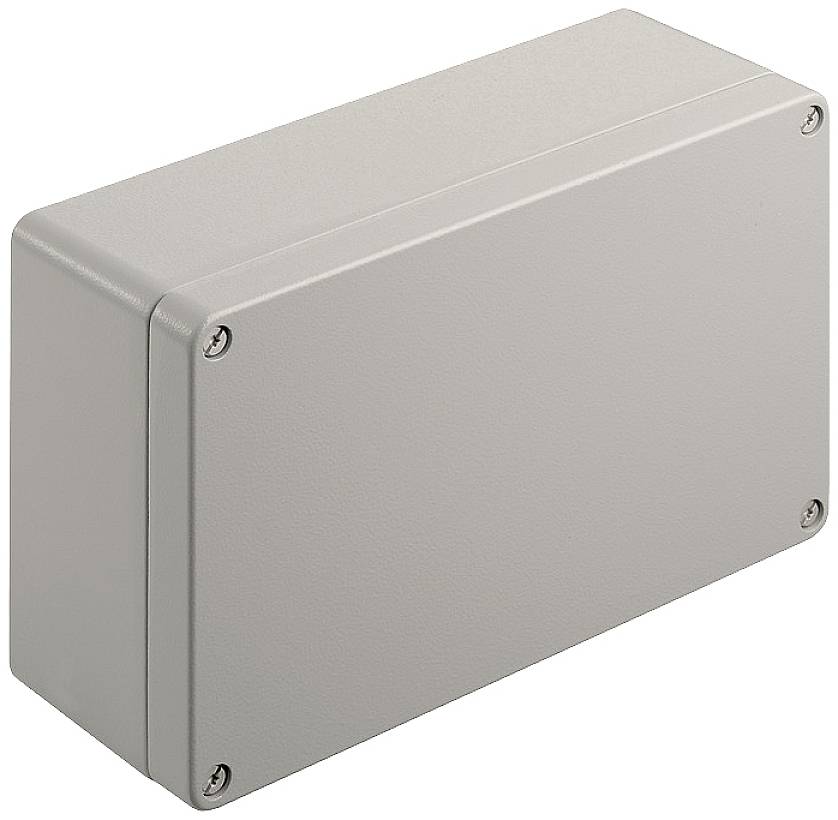 Rechteckiges, graues Metallgehäuse mit abgerundeten Kanten und Schrauben an den Ecken, wahrscheinlich für technische oder elektrische Anwendungen.