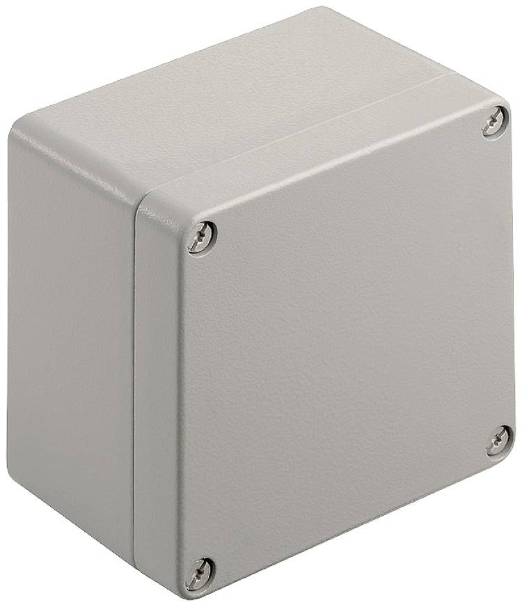 Ein quadratisches, graues Metallgehäuse mit vier Schrauben an den Ecken, vermutlich ein Elektrokasten.