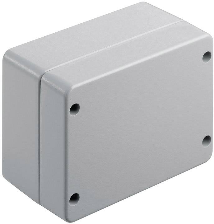 Grau lackiertes rechteckiges Gehäuse aus Metall mit abgerundeten Ecken und vier Schraubenlöchern an den Ecken, für Elektrotechnik.