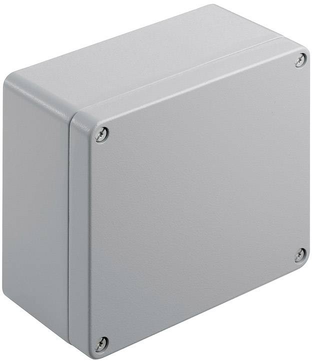 Graues rechteckiges Gehäuse mit vier sichtbaren Schrauben an den Ecken, geeignet für Elektroinstallationen in industriellen Umgebungen.