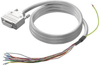 Ein graues, gewickeltes Kabel mit mehreren farbigen Drähten an einem Ende und einem rechteckigen Stecker am anderen Ende.