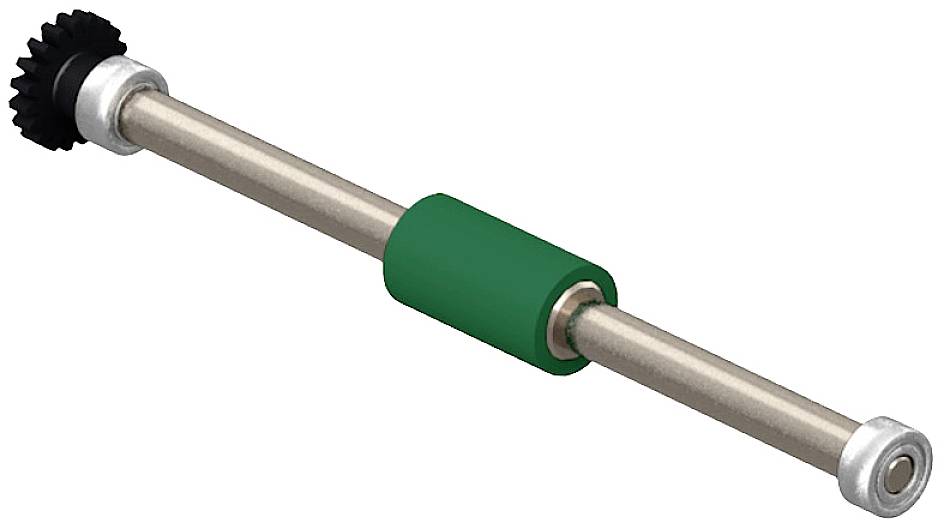 Metallstange mit schwarzen Zahnrädern an einem Ende und einem grünen Aufsatz in der Mitte. Technische Komponente, wichtig für Mechanik.