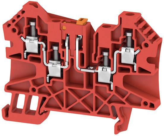 Rote elektrische Klemme mit Metall- und Kunststoffteilen, verwendet zur Verbindung von Leitern in industriellen Anwendungen.