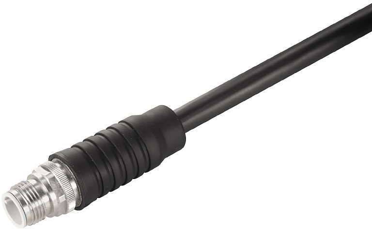 Schwarzes Antennenkabel mit silbernem Schraubstecker.