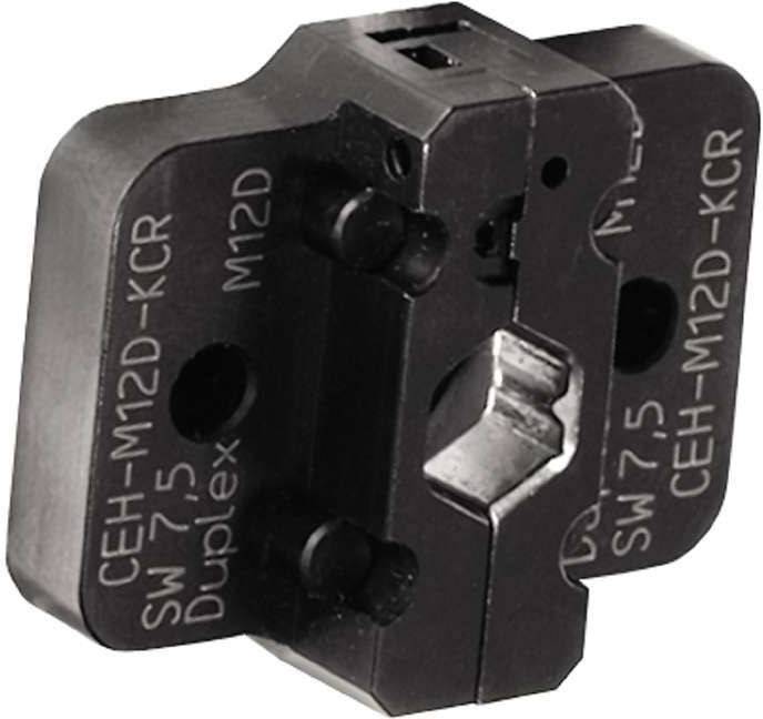 Eine schwarze Crimpzange mit der Aufschrift 'SW 7.5 Duplex M12D' auf der Oberfläche. Hauptsächlich für Kabelverbindungen genutzt.