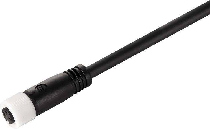 Ein schwarzes Kabel mit einem weißen Steckverbinder an einem Ende.