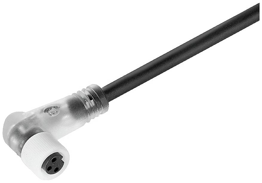 Ein Winkelstecker mit schwarzem Kabel, Kunststoffummantelung am Stecker, geeignet für elektrische Verbindungen in engen Räumen.