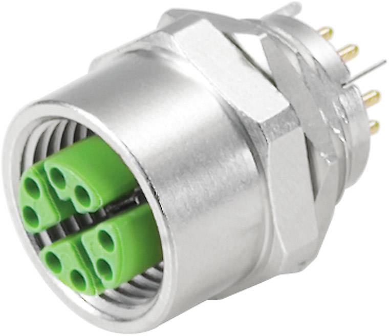 Metallischer Stecker mit mehreren grünen Steckplätzen und goldenen Pins, genutzt für elektrische Verbindungen in technischen Geräten.