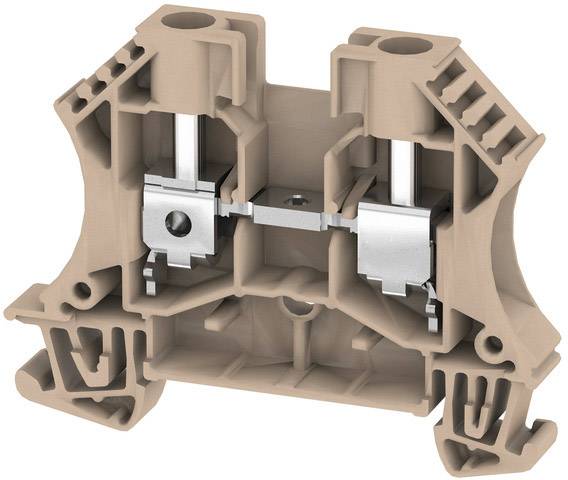 Brauner, zweiteiliger Reihenklemmblock aus Kunststoff mit Metallkontakten, oft in elektrischen Schaltungen verwendet.