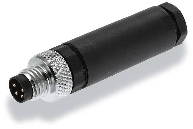 Schwarzer Stecker mit Schraubgewinde und vier goldenen Kontakten, geeignet für elektrische Verbindungen in industriellen Anwendungen.