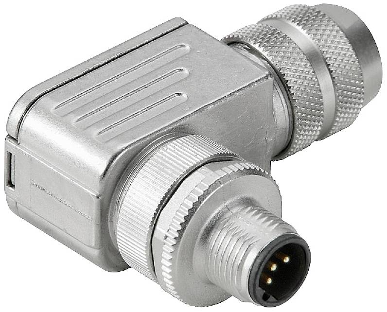 Ein silberner, rechtwinkliger Steckverbinder mit gerillten Drehverschlüssen und fünf Kontaktstiften, geeignet für elektrische Verbindungen.