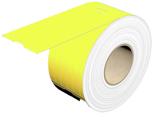 Rolle mit gelbem Etikettenmaterial, bereit zum Bedrucken oder Etikettieren.