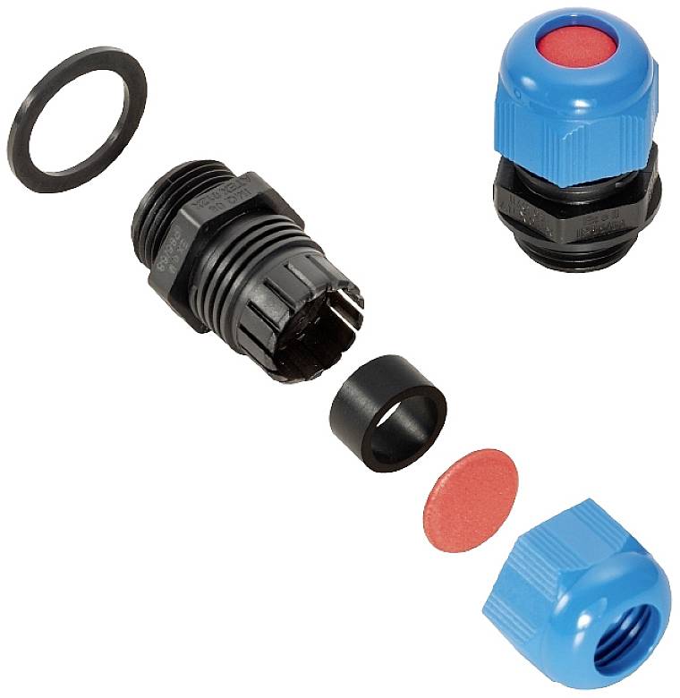 Einzelteile einer Kabelverschraubung: Dichtungsring, Verschraubungsteile in Schwarz und Blau, rote Dichtungen. Eignet sich zur Kabeldurchführung.