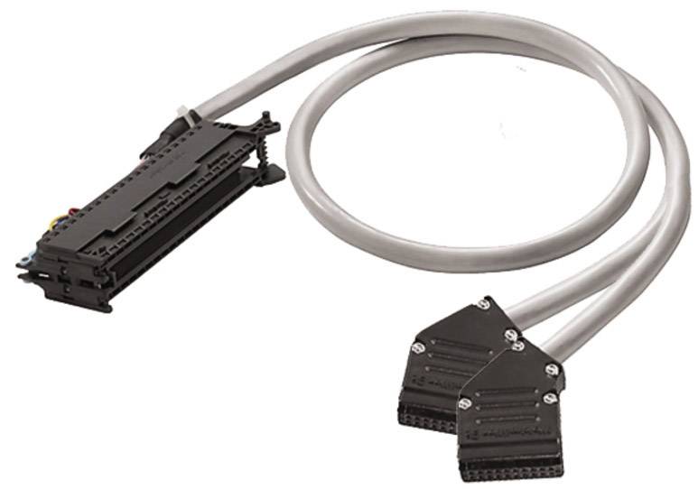 Graues Kabel mit zwei Steckverbindungen an einem Ende und einem breiten, rechteckigen Stecker am anderen Ende. Elektronikzubehör.