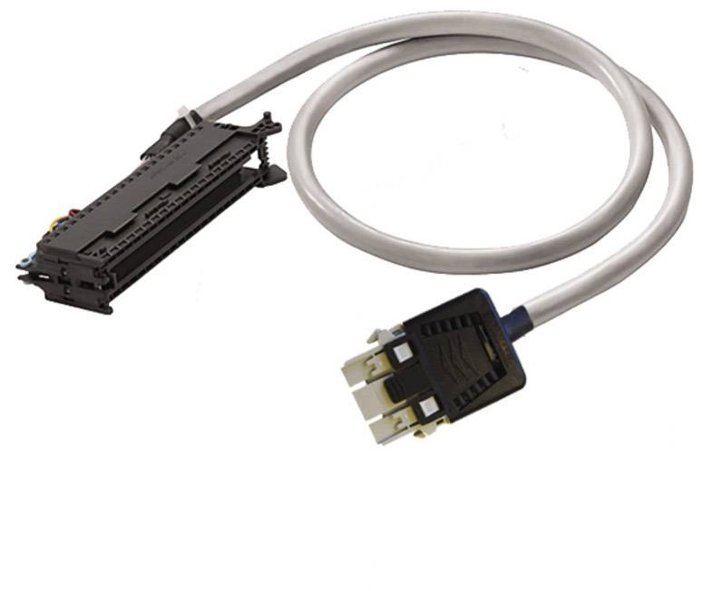 Graues Kabel mit zwei Anschlüssen: einer mit farbigen Steckern, der andere mit schwarzen Kontaktstiften.