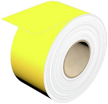 Große Rolle gelbes Klebeband mit weißem Rand, auf einem neutralen Hintergrund.