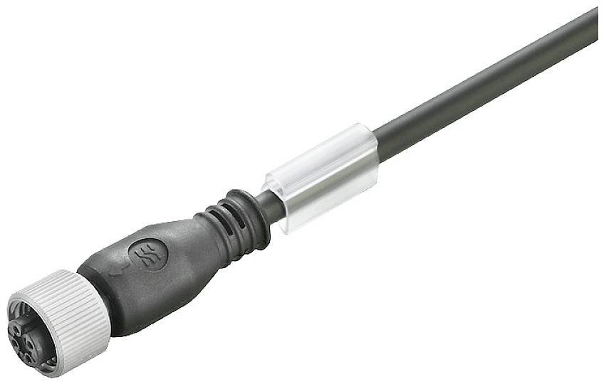 Ein schwarzes Verbindungskabel mit einer grauen Steckverbindung und einer Schutzabdeckung. Geeignet für industrielle Anwendungen.