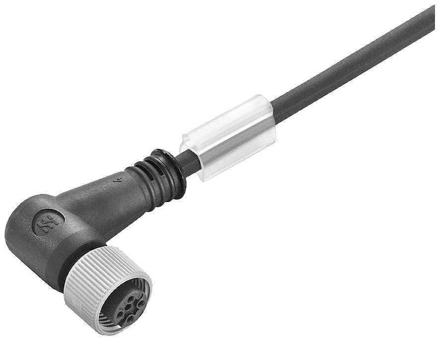 Ein schwarzes Verbindungskabel mit einem gewinkelten Stecker und einem silbernen Ring, verwendet für elektronische Anschlüsse.