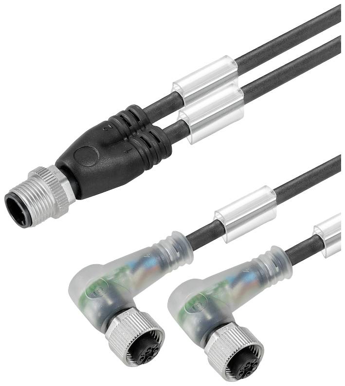 Drei Industriesteckverbinder, zwei mit transparenten Winkeln und einer mit schwarzer Abdeckung, verbunden mit Kabeln und Metallclips.