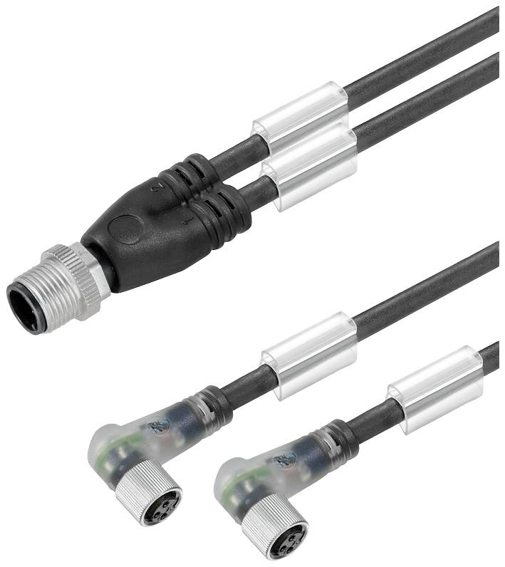 Zwei schwarze Kabel mit Metallsteckern und Schrumpfschläuchen. Hauptstecker ist schwarz, die kleinen sind transparent gewinkelt.