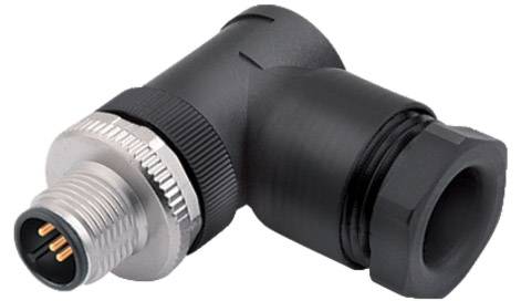 Industrieller Verbindungststecker in Winkelbauform, schwarz und silber, mit zwei Metallstiften und Schraubverschlüssen.