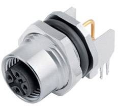 Metallischer, zylindrischer Stecker mit mehreren runden Kontakten und einem Plastikring zur Isolierung.