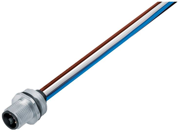 Ein Kabel mit drei farbigen Leitern, braun, blau und grau, endet in einem Metallstecker mit Gewinde, geeignet für industrielle Anwendungen.