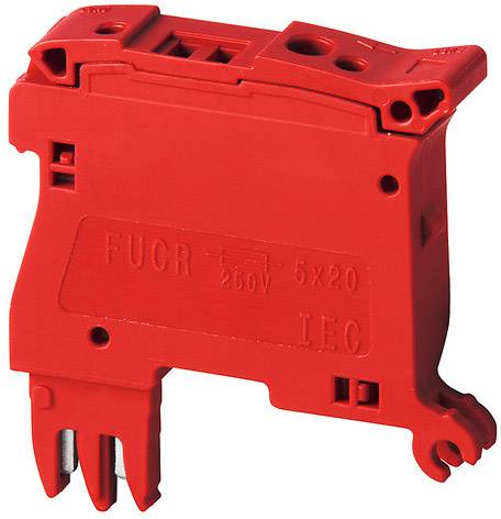 Rote elektrische Sicherungshalterung mit Aufdruck 'FUCR 250V 5x20 IEC'. Verwendet zur Installation von Sicherungen in elektrischen Schaltungen.