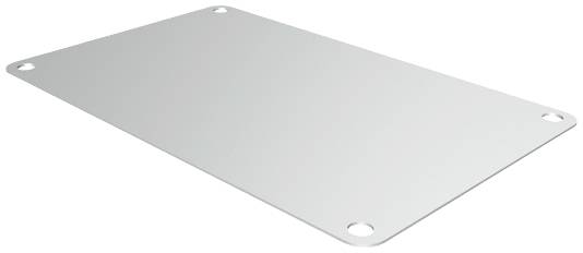 Rechteckige, flache Metallplatte mit abgerundeten Ecken und vier Bohrungen in jeder Ecke.